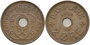 Дания 2 эре 1939 Кристиан X (1912-1947) KM 827 бронза 4147-537