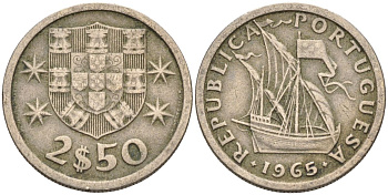 Португалия 2,5 эскудо 1965 парусник KM 590 медно-никель 4115-462