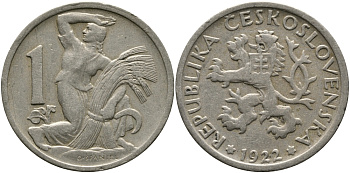 Чехословакия 1 крона 1922 женщина со снопом и серпом KM 4 медно-никель 4610-724