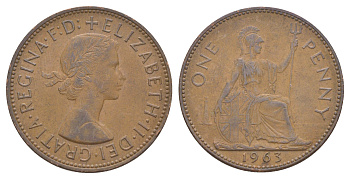 Великобритания 1 пенни 1963 Елизавета II (1952-2022) KM 897, Spink 4157 бронза 4379-111