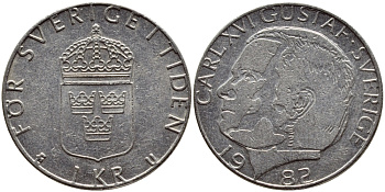 Швеция 1 крона 1982 Карл XVI Густав (1973- ) KM 852a медно-никель 4397-1047