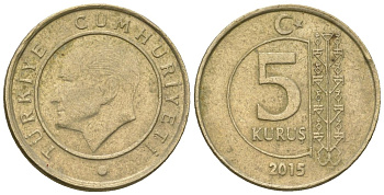 Турция 5 курушей 2015 KM 1240 медь цинк никель 4602-1046