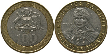 Чили 100 песо 2015 So KM 236, Schon 84 биметалл 4544-247