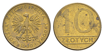 Польша 10 злотых 1990 MW, Народная Республика KM 152.2, Parchimowicz 244b латунь 4613-467