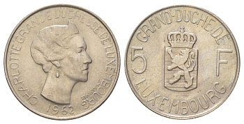Люксембург 5 франков 1962 Шарлотта (1918-1964) KM 51 медно-никель 4628-1031