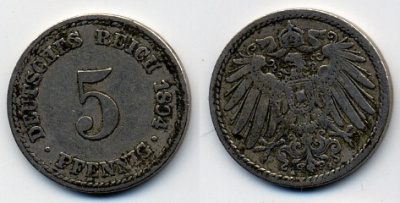 ГЕРМАНИЯ 5 ПФЕННИГОВ 1894 A, KM 11, J. 12 медно-никель 51-5253