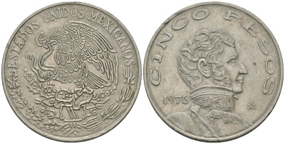 Мексика 5 песо 1976 Винсенте Герреро, LARGE DATE KM 472 медно-никель 81-543