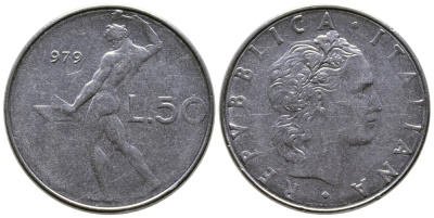 Италия 50 лир 1979 R, бог огня Вулкан у наковальни KM 95.1 нержавеющая сталь    4606-141