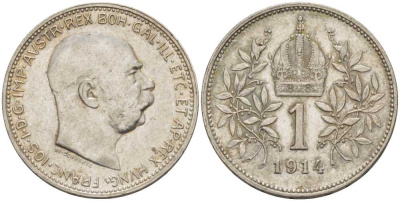 АВСТРИЯ 1 КОРОНА 1914 ФРАНЦ ИОСИФ KM 2820 серебро 61-934