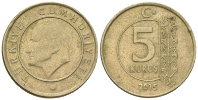 Турция 5 курушей 2015 KM 1240 медь цинк никель 4602-1046