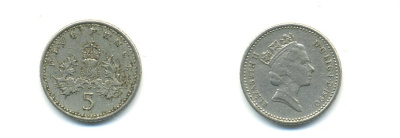 Великобритания 5 пенсов 1990 Елизавета II (1952-2022) KM 937b, Spink 4372 (D4) медно-никель 59-545