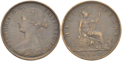 Великобритания 1/2 пенни 1862 Виктория (1837-1901) KM 748.2, Spink 3956 бронза 441-715