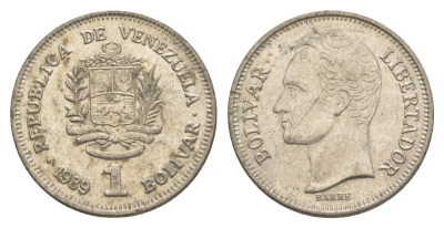 Венесуэла 1 боливар 1989 Симон Боливар, тонкий шрифт Y 52a.1 сталь плакированная никелем 4591-117