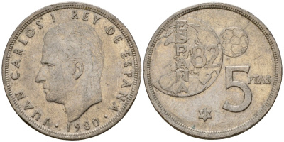 Испания 5 песет 1980 (82) Чемпионат мира по футболу в Испании 1982, Хуан Карлос I (1975-2014) KM 817 медно-никель 213-223