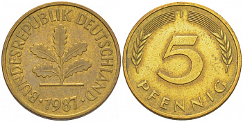 ФРГ 5 ПФЕННИГОВ 1987 J KM 107, J. 382 сталь плакированная латунью 4396-1652