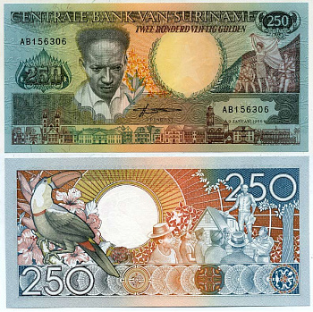 Суринам 250 гульденов 1988 Антон де Ком, тукан на ветке Pick 134 бумага UNC (пресс) 444-78-1