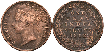 Стрейтс-Сетлментс 1 цент 1862 Виктория (1837-1901), Ост-Индская компания KM 6 медь 4590-241