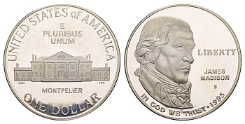 США 1 доллар 1993 S, Билль о правах, Джеймс Мэдисон KM 241 серебро PROOF 11-266-15