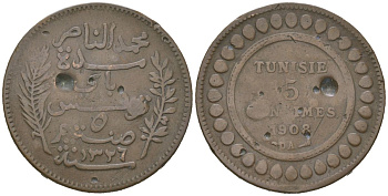 Тунис 5 сантимов 1908 KM 235 бронза 98-436