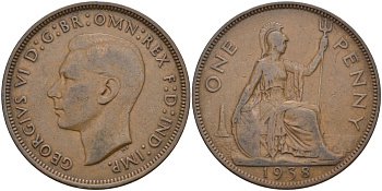 Великобритания 1 пенни 1938 Георг VI (1936-1952) KM 845, Spink 4114 бронза 4117-1224