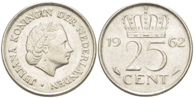 НИДЕРЛАНДЫ 25 ЦЕНТОВ 1962 ЮЛИАНА (1948-1980) KM 183 никель 214-935