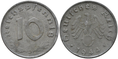 Германия 10 рейхспфеннигов 1944 D KM 101, J.371 цинк 4151-324
