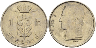 БЕЛЬГИЯ 1 ФРАНК 1966 BELGIE KM 143.1 медно-никель 4546-357