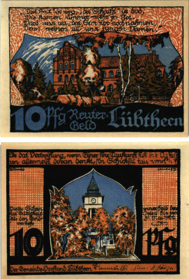 ЛЮБТЕН 10 ПФЕННИГОВ 1922 НОТГЕЛЬД, 1922 - 31 МАЯ 1922, ЗЕМЛЯ МЕКЛЕНБУРГ-ПЕРЕДНЯЯ ПОМЕРАНИЯ Grabowski 834.1 бумага 8608-12-1-1