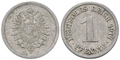 Германия 1 пфенниг 1917 A KM 24, J. 300, Weege 2 алюминий 4602-225