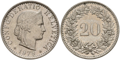 Швейцария 20 раппенов 1979 KM 29a медно-никель 4187-811