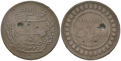 Тунис 5 сантимов 1908 KM 235 бронза 98-436