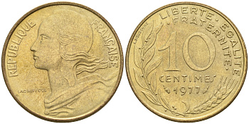 Франция 10 сантимов 1977 тип Марианна KM 929 медь алюминий никель 4594-1164