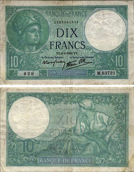 ФРАНЦИЯ 10 ФРАНКОВ 1941 9 ЯНВАРЯ 1941, ГОЛУБАЯ Pick 84 бумага VF-XF 7183-50-3-1