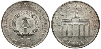 ГДР 20 марок 1990 A, открытие Бранденбургских ворот KM 139a серебро 413-2632