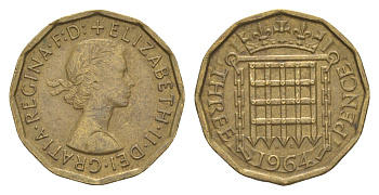 Великобритания 3 пенса 1964 Елизавета II (1952-2022) KM 900, Spink 4153 никель латунь 4571-1035