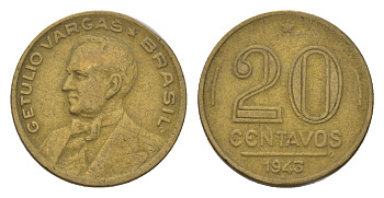Бразилия 20 сентаво 1943 Жетулиу Варгас KM 556a алюминиевая бронза 4625-935