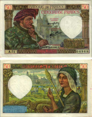 ФРАНЦИЯ 50 ФРАНКОВ 1941 24 АПРЕЛЯ 1941, ЖАК КЁР, ФРАНЦУЗМКИЙ ПРОМЫШЛЕННИК Pick 93 бумага VF-XF 8607-66-2