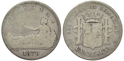 Испания 1 песета 1870 (73) DE-M KM 653 (Y-58) серебро 1527-1313