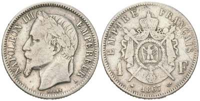 Франция 1 франк 1867 A, Наполеон III (1852-1870) KM 806 серебро 63-722
