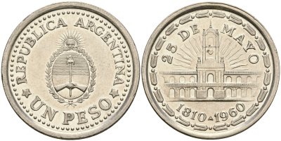 Аргентина 1 песо 1960 150 лет свержения Испанского вице-короля (1810-1960) KM 58 сталь плакированная никелем 4364-2732