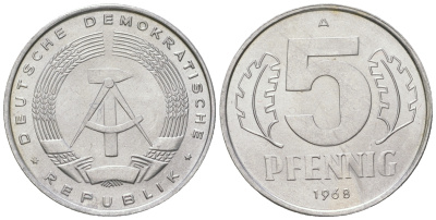 ГДР 5 пфеннигов 1968 A KM 9.1 алюминий 4164-531