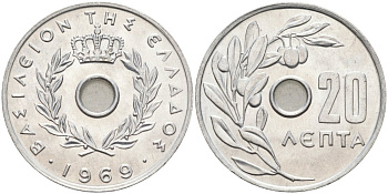 Греция 20 лепта 1969 Константин II (1964-1974), оливковая ветвь KM 79 алюминий 4571-425