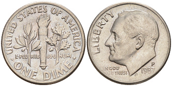 США 10 ЦЕНТОВ = 1 ДАЙМ 1987 P, РУЗВЕЛЬТ KM 195a медь плакированная медно-никелем 187-1061