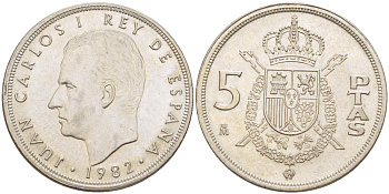 ИСПАНИЯ 5 ПЕСЕТ 1982 ХУАН КАРЛОС I ( 1975-) KM 823 медно-никель XF216-453