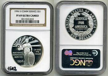 США 1 доллар 1996 S, коммунальный службы США, в слабе NGC PROOF 69 ULTRA CAMEO KM 275 серебро PROOF 15-005-09