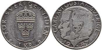 Швеция 1 крона 1987 Карл XVI Густав (1973- ) KM 852a медно-никель 4397-1211