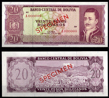 Боливия 20 боливиано 1962 SPECIMEN - образец, Педро Доминго Мурильо Pick 155 s бумага UNC (пресс) 451-1208-1