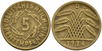 Германия 5 рентенпфеннигов 1924 D J.308, KM 32 алюминиевая бронза    4598-1157