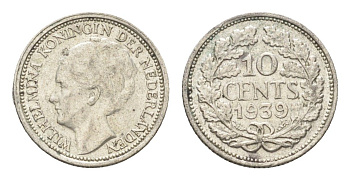Нидерланды 10 центов 1939 Вильгельмина I (1890-1948) KM 163 серебро 4659-1164
