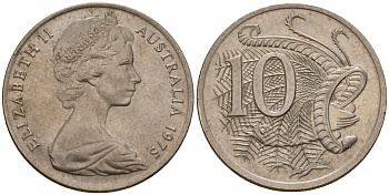 Австралия 10 центов 1975 Елизавета II (1952-), птица лирахвост KM 65 медно-никель 4601-752